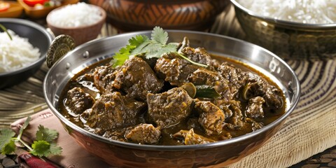 Spicy Beef Fry Curry with Brown Rice, a traditional dish served with ghee rice, appam, parotta, and puttu, enjoyed during festive occasions by diverse communities.