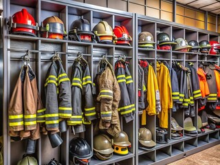A comprehensive selection of fire safety equipment, including helmets, coats, and oxygen tanks, hangs neatly organized