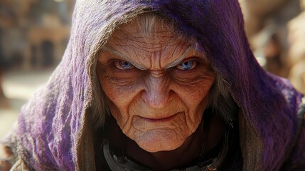 Expressive Elderly Woman Wearing Lavender Shawl Winking Playfully - Close-Up Portrait of Senior Female with Exaggerated Wink Gesture