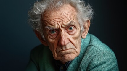 Portrait of Confused Elderly Man in Mint Green Jacket with Furrowed Brow