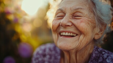 Joyful Elderly Woman Laughing with Eyes Closed in Lavender Blouse