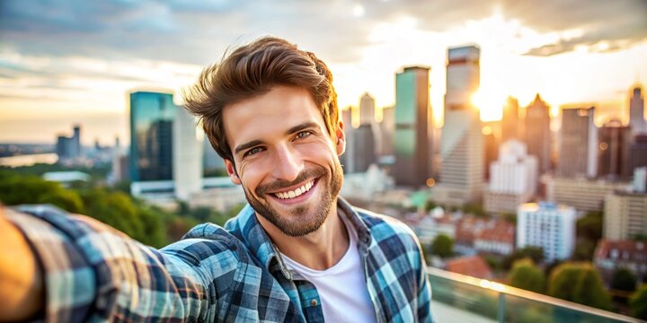 A confident young adult male with a bright smile takes a casual selfie with a city skyline blurred