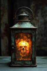 A lantern with a skull inside of it