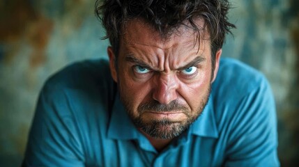 Confident Middle-Aged Man Playfully Snarling in Azure Blue Polo Shirt