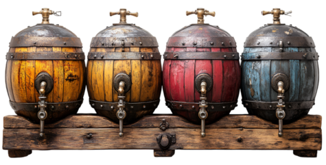 a row of wooden barrels. 
