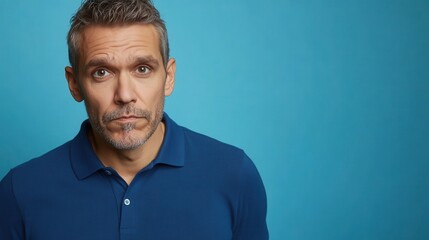 Expressive Middle-Aged Man in Azure Blue Polo Shirt Playfully Snarling Close-Up