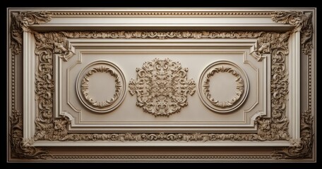 Obraz premium Ornate ceiling panel featuring intricate moldings and decorative elements, showcasing classical design aesthetics.