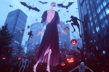Obraz premium Tall Ghost Figures in Halloween Parade with Pumpkins