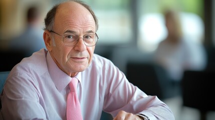 Obraz premium Senior Businessman in Coral Pink Tie Negotiating Contract in Modern Corporate Meeting Room
