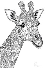 Detailed black and white giraffe illustration with abstract patterns ideal for adult coloring and stress relief. Highresolution artwork suitable for meditative and relaxing activities