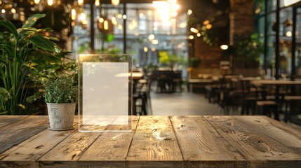 Obraz premium Mockup of a menu frame in a bar restaurant, positioned on a wooden table with white sheets of paper and an acrylic tent card, against a blurred cafeteria background