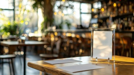Mockup of a menu frame in a bar restaurant, positioned on a wooden table with white sheets of paper and an acrylic tent card, against a blurred cafeteria background