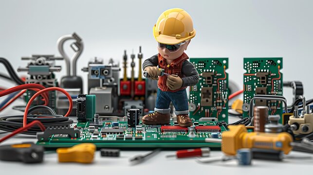 Funny Cartoon Electrician Fixing Circuit Board With Tools