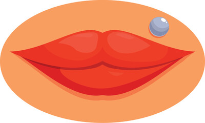 Red lips with a piercing jewelry icon, cartoon style