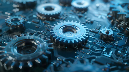 Close-up of mechanical gears on a digital circuit board symbolizing technology and machinery