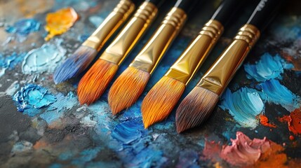 Fototapeta premium A collection of paintbrushes on a colorful palette.