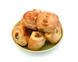 Sweet braided puff pastry isolated or pate feuilletee on white background top view. Fresh phyllo pastry with jam inside close up - Image