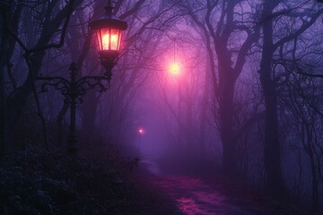 Obraz premium A Mystical Forest Path Illuminated by a Glowing Streetlamp