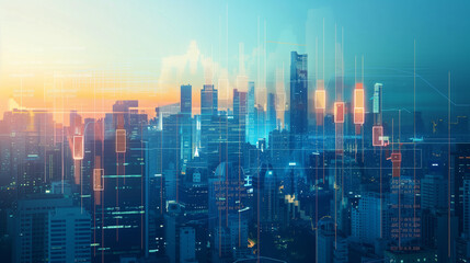 Fototapeta premium Abstract city skyline with financial data charts and graphs overlay