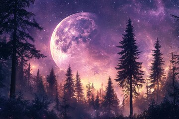 A Forest Silhouetted Against a Giant Pink Moon and Starry Sky