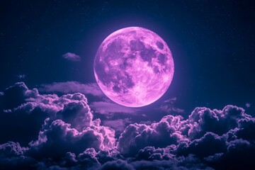 Purple Full Moon Over Nighttime Clouds and Stars