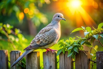 Fototapeta premium A delicate, grey-brown diamond dove perches on a rustic wooden fence, its subtle plumage glistening in the warm