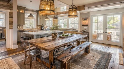 Dining room with wooden dining table and benches and rustic decor accents AI generated image