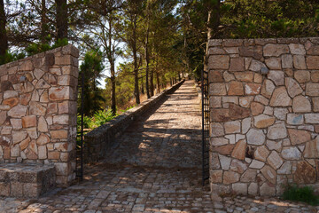 A serene stone pathway flanked by tall trees, with a rustic stone gate at the entrance, leading...