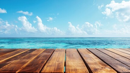 Tranquil Wooden Pier Overlooking Serene Ocean Horizon Under Sunny Tropical Skies