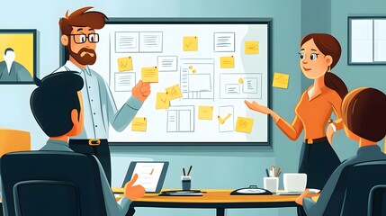 A Team Meeting with a Whiteboard Covered in Sticky Notes