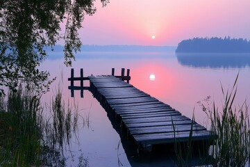 Obraz premium Wooden Dock Extending into Still Lake at Sunset