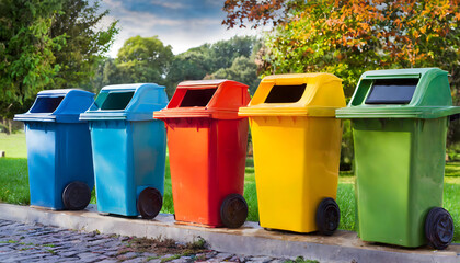 A row of garbage containers are lined up in a park.