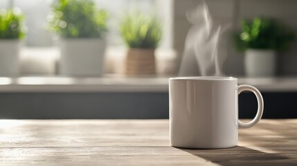 Steaming Hot Coffee Mug on Wooden Table with Blurred Green Plants in Background