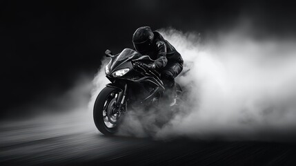 High-Speed Motorcycle Rider in Black Leather Gear on a Sport Bike Surrounded by Dramatic Smoke