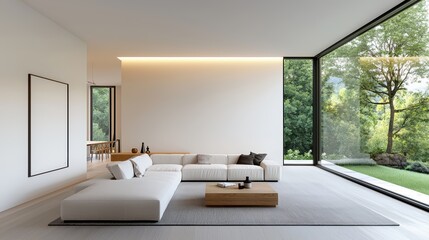 Fototapeta premium Modern Minimalist Living Room with Large Windows Overlooking a Lush Green Garden