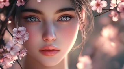 Naklejka premium A close-up of a beautiful girl with fair skin, her expression serene, with delicate cherry blossoms framing her face