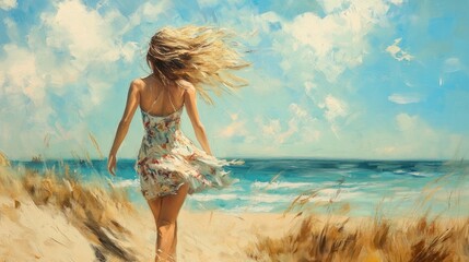 Naklejka premium A Croatian girl in a breezy sundress, walking along a sandy beach with her hair blowing in the sea breeze