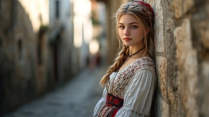 A Croatian girl in a sexy, modern interpretation of a folklore dress, standing confidently against a historic city wall