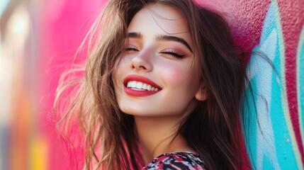 Naklejka premium A cute model with a trendy hairstyle, captured in a vibrant urban setting, her expression bright and cheerful
