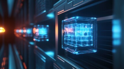 Fototapeta premium A digital storage concept featuring floating holographic data cubes inside a secure, illuminated digital vault