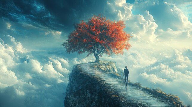 A person walking on a path where each step changes the scenery based on their mood