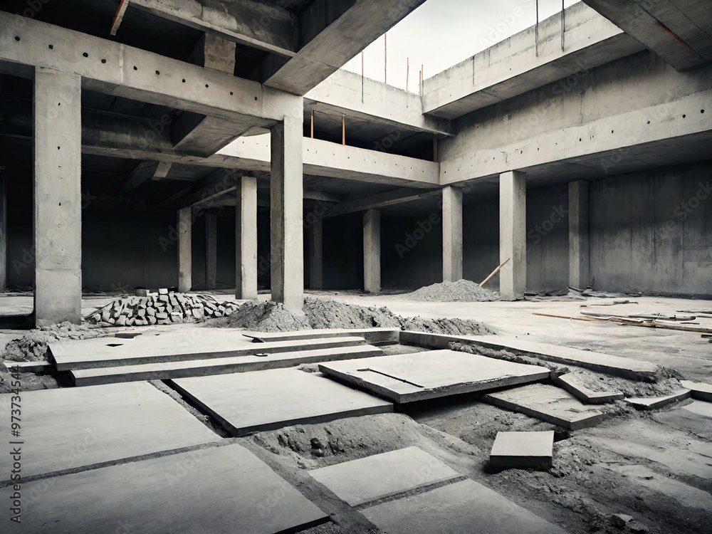 Wall mural building construction site with concrete and brick