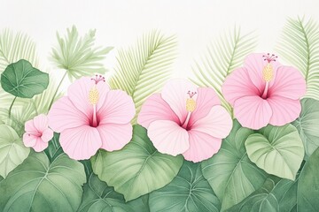 Obraz premium Beautiful pink hibiscus flowers with lush green leaves, perfect for adding a tropical touch to your design or decor.