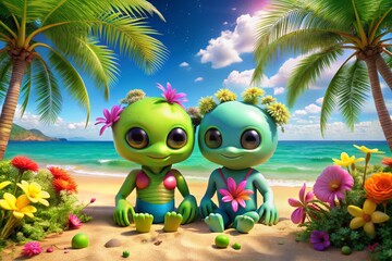 Naklejka premium Adorable, adventurous alien duo sit together on a sunny beach, surrounded by palm trees, flowers, and vibrant tropical
