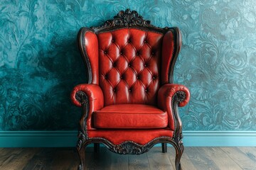 Red Leather Armchair with Intricate Carvings and a Blue Textured Wall