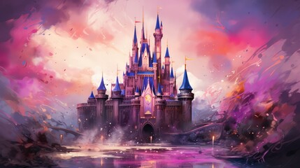 Magical castle at sunset