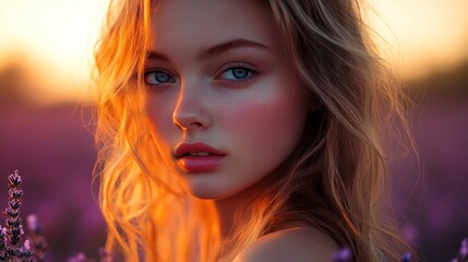A portrait of a beautiful girl with fair skin, her face glowing in the soft, warm light of sunset, against a backdrop of lavender fields