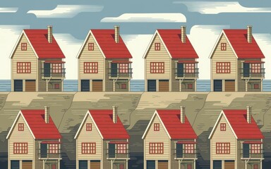 Coastal houses row. A row of six identical seaside houses stand on a cliff overlooking the ocean, symbolizing conformity and uniformity.
