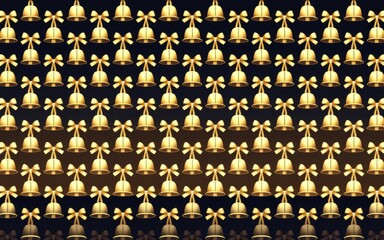 Golden bells pattern. Seamless pattern of golden bells with bows on a black background.  Perfect for festive designs and holiday projects.