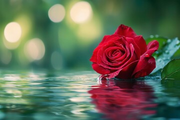 A Single Red Rose Floating on Water with a Green Bokeh Background
